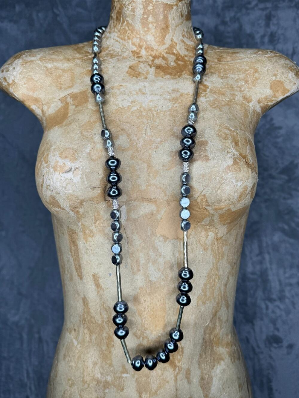 Chicos Necklace Slate Gray Gold Tone Rhinestone Beaded Chunky Artsy Statement